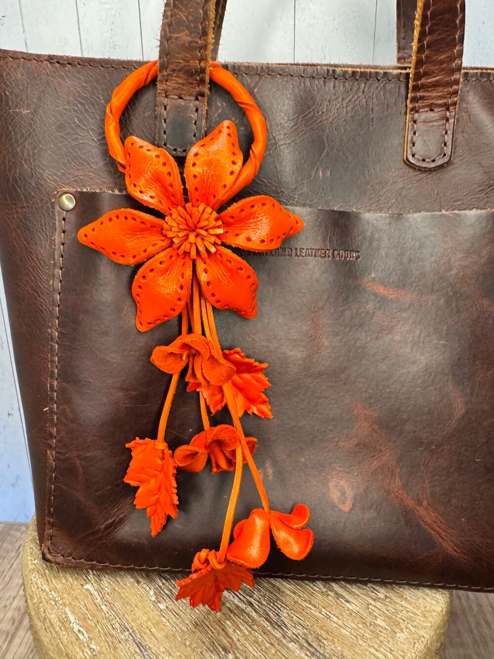 Autumn Fall Leather Daisy Purse Charm Genuine Leather Orange Flower Bag Charm